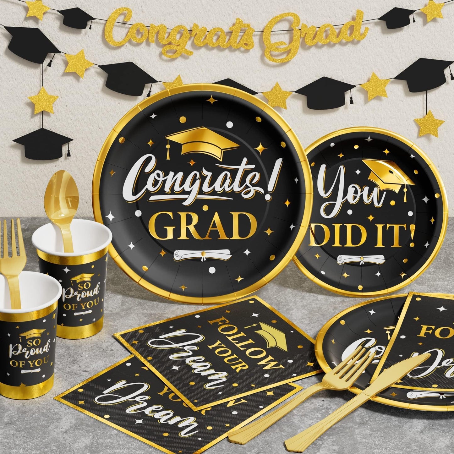 Ecomore Graduation Decoration Class of 2026, 350PCS Graduation Party Supplies Disposable Dinnerware(Serve 50) with Paper Plates Cup Napkin Fork Knife Spoon College High School Grad Decor(Black & Gold)