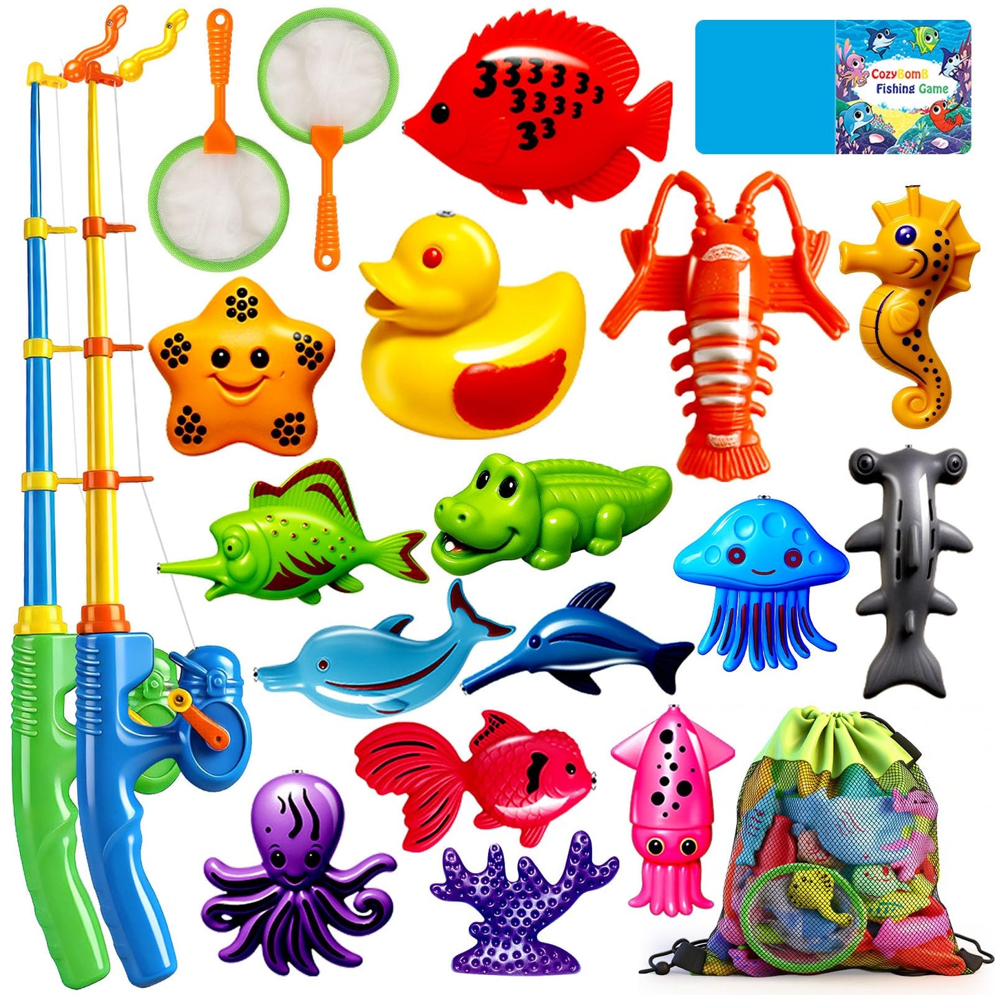 CozyBomB™ Magnetic Fishing Toys Game Set for Kids | Water Table Bathtub Kiddie Pool Party Pole Rod Net, Outdoor Plastic Floating Fish, Toddler Bath Color Ocean Sea Animals Birthday Gift Age 3-5 6 4-8