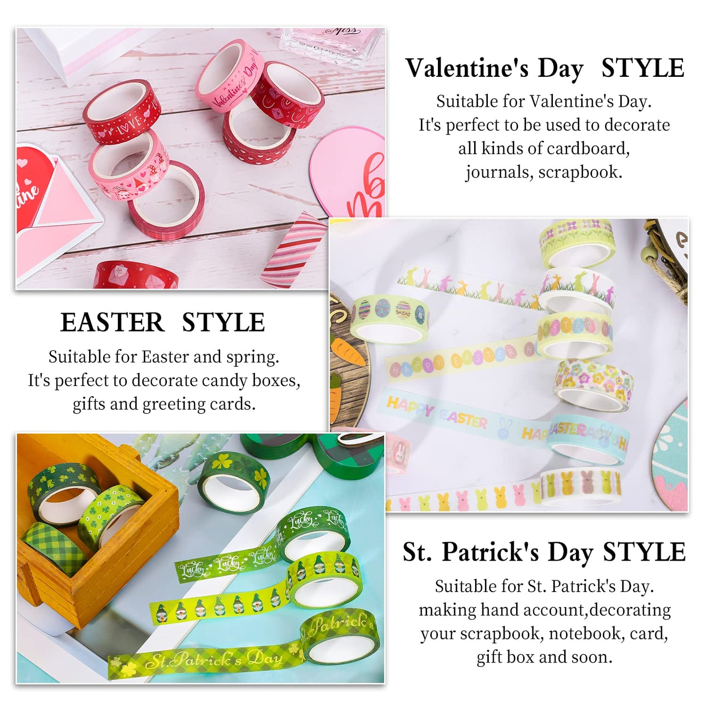24 Rolls Holiday Washi Tape Set Valentine's Day Red Love Heart Masking Tape St. Patrick's Day Green Clover Happy Easter Decorative Paper Tape Stickers for Scrapbook DIY Craft, 16.4Ft