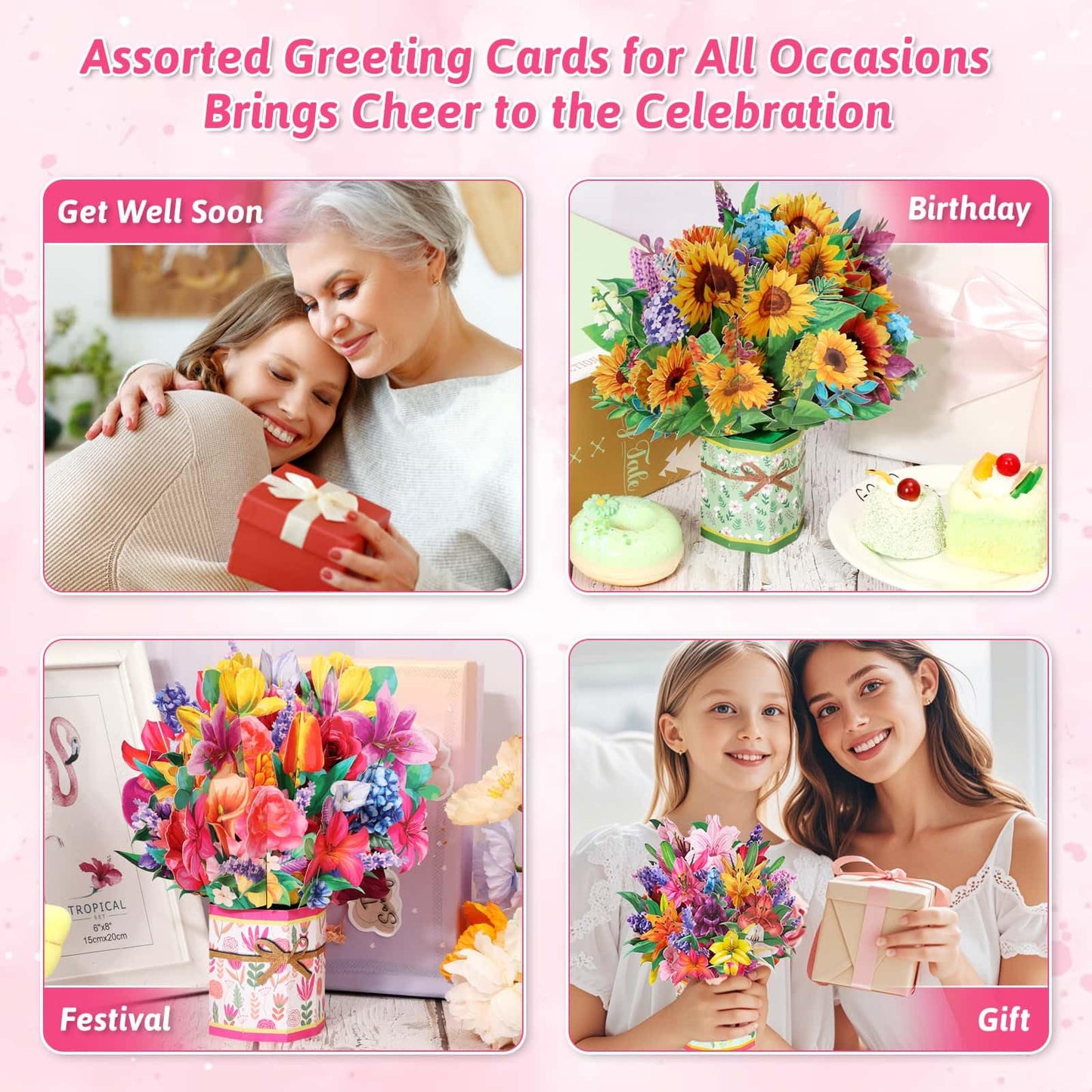 8 Pack Paper Flower Pop Up Cards, Flower Bouquet Card Popup 3D Greeting Cards for Mother's Day, Graduation, Anniversary, Birthday, Congratulations, Get Well, Home Decor, with Envelope and Note