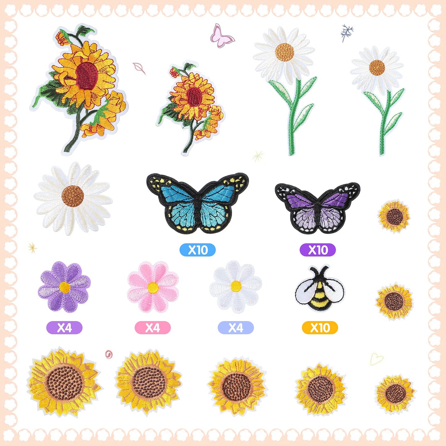 55 Pieces Embroidered Flowers Iron on Patches Butterfly Sew on Patch Sunflowers Appliques Patches Bee Embroidered Patches Decoration DIY Craft Patches for Clothes Jackets Jeans Dress Pants Decor
