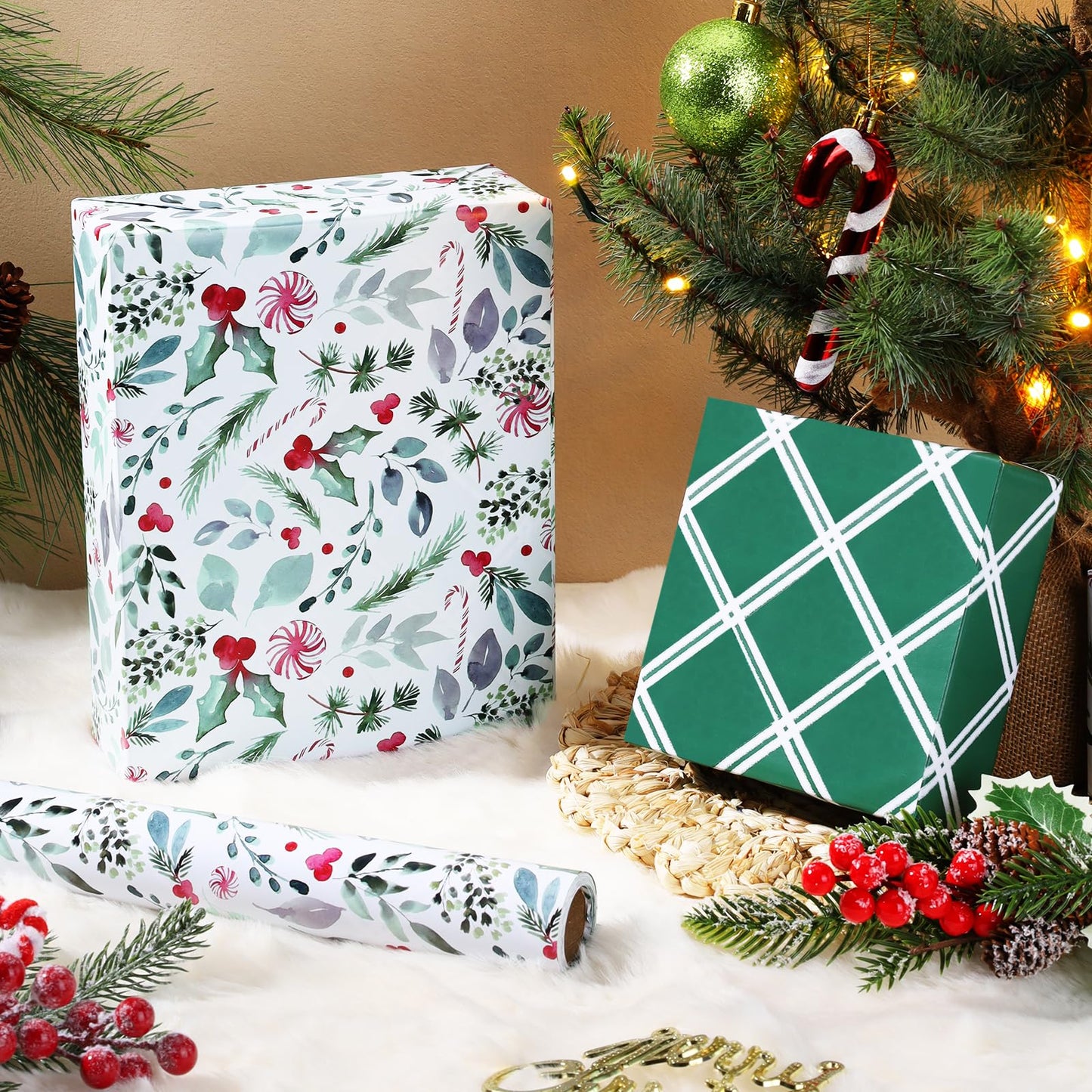 Vintage Christmas Wrapping Paper Roll, Reversible Gift Wrap with Holly Leaves, Red Berries, Candy Cane & Green Plaid Design, Double-Sided Xmas Wrapping Paper for Holiday, Season Party, 17 inch x 33 feet