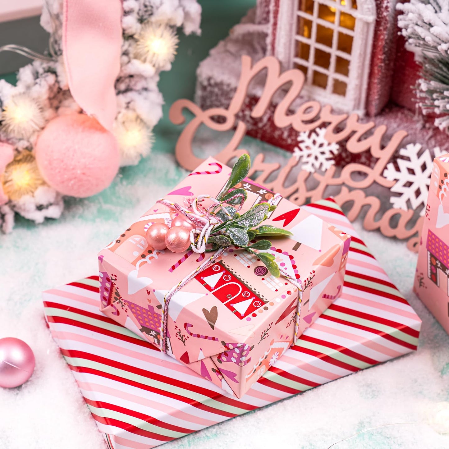 Reversible Christmas Wrapping Paper - Mini Roll - 17 Inch x 33 Feet - House with Christmas Tree and Candy Cane Wrapping Paper for Holiday, Party Celebration
