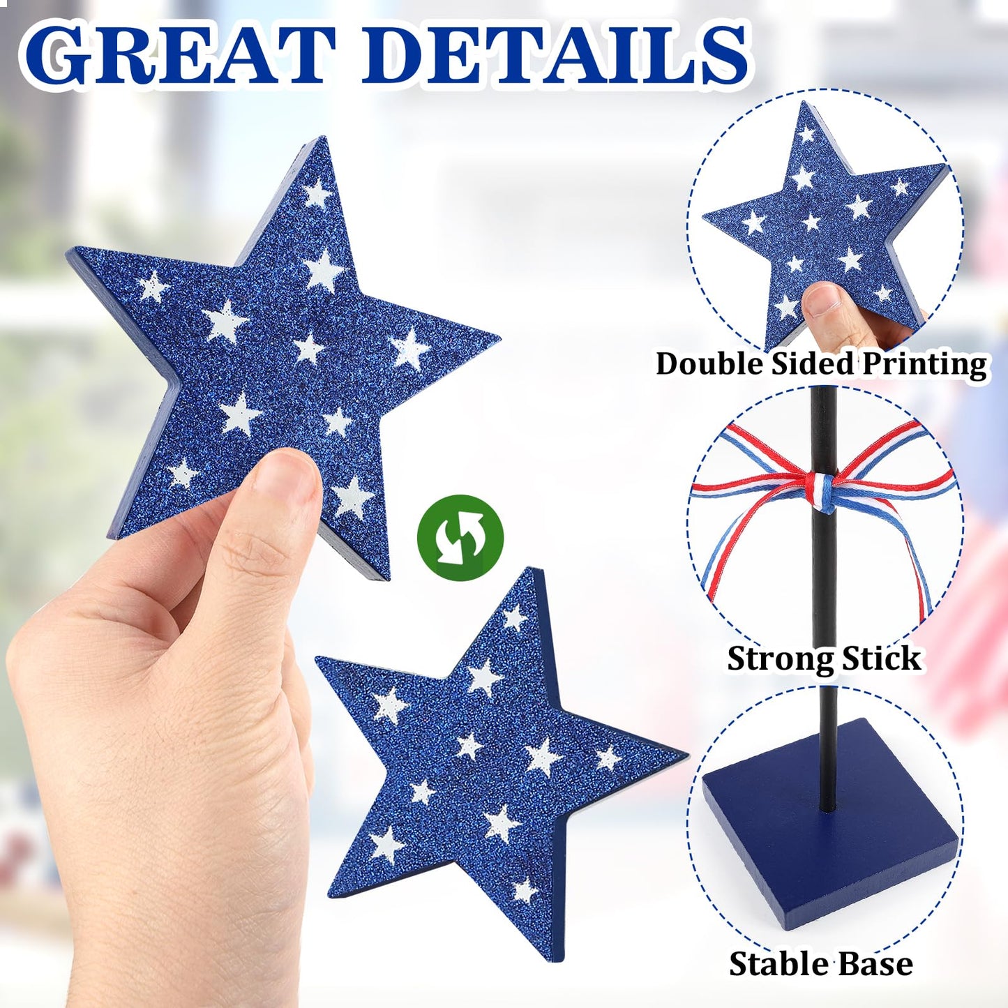 4th of July Tiered Tray Decor Wooden Star Set, 3 Pcs Memorial Day Table Decorations, Rustic Patriotic Tabletop Home Decor, Red White and Blue Decorations for Home (Shiny)