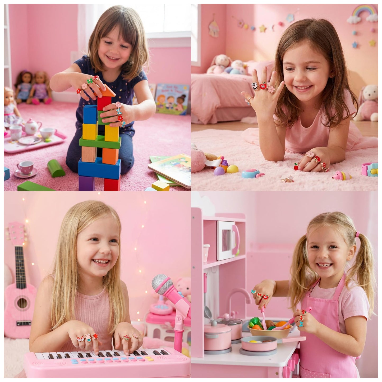 PASEMM 36pcs Little Girl Alloy Jewelry Rings, Adjustable, No Duplication Kids Play Ring in Box,Pretend and Dress Up Rings for 4-12 Year Old Girls Birthday Holiday Gifts, 4 5 6 7 8 9 10 11 12 Year Old Girl Toys for Kids