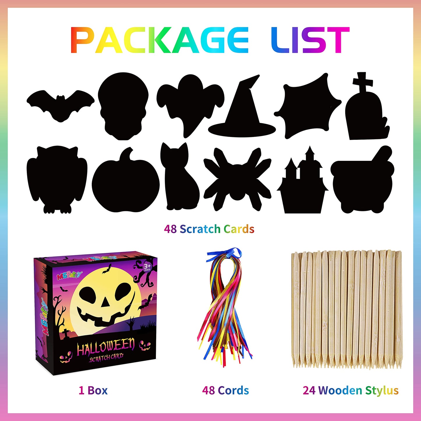 MGparty Scratch Paper Craft for Kids - 48 Pcs Magic Rainbow Scratch Paper Off Cards Set for Halloween Crafts, Arts Supplies, Ornaments, Party Games and Birthday Gifts
