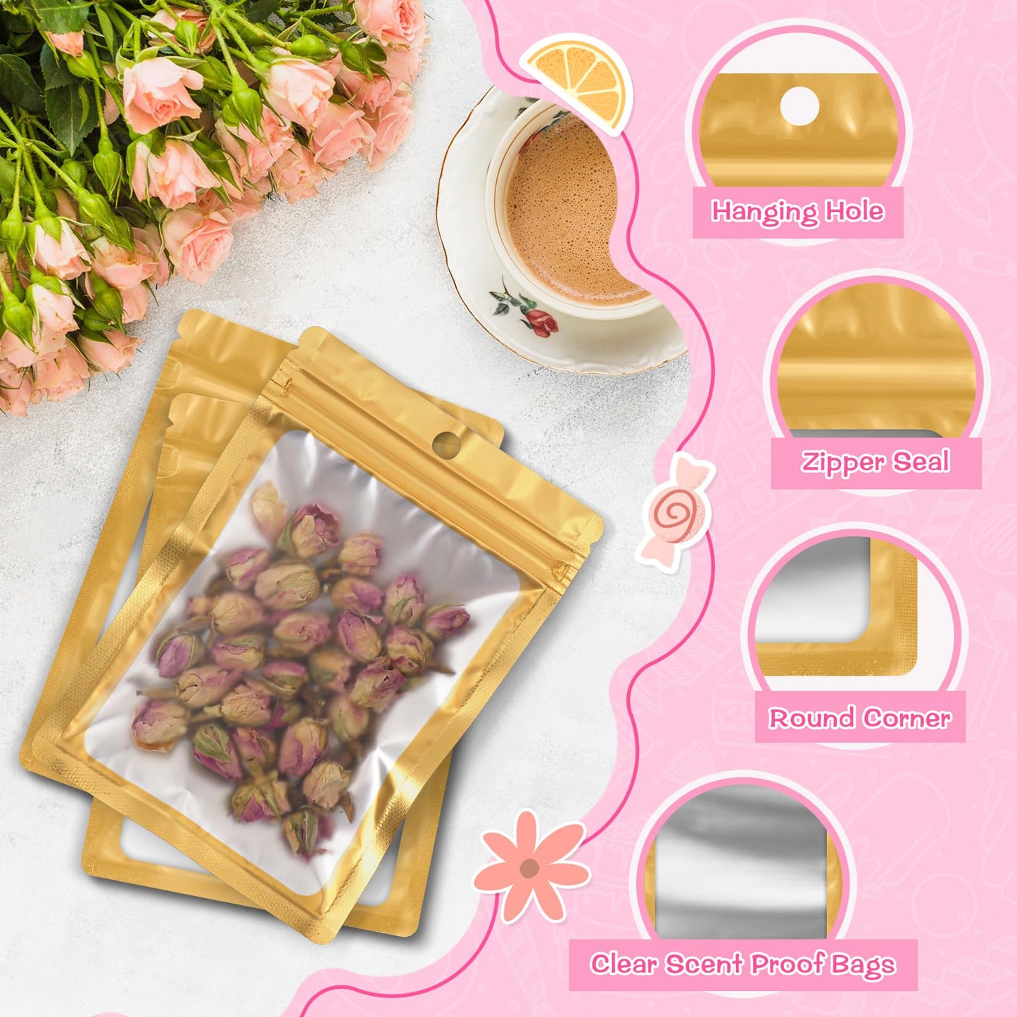 FUNFERY 100 Pack Mylar Resealable Bags Foil Packaging Bags with Clear Window,Zipper Pouch Smell Proof Bag for Food Storage,Cookies,Sample,Small Business(Gold,3x4.7inch)