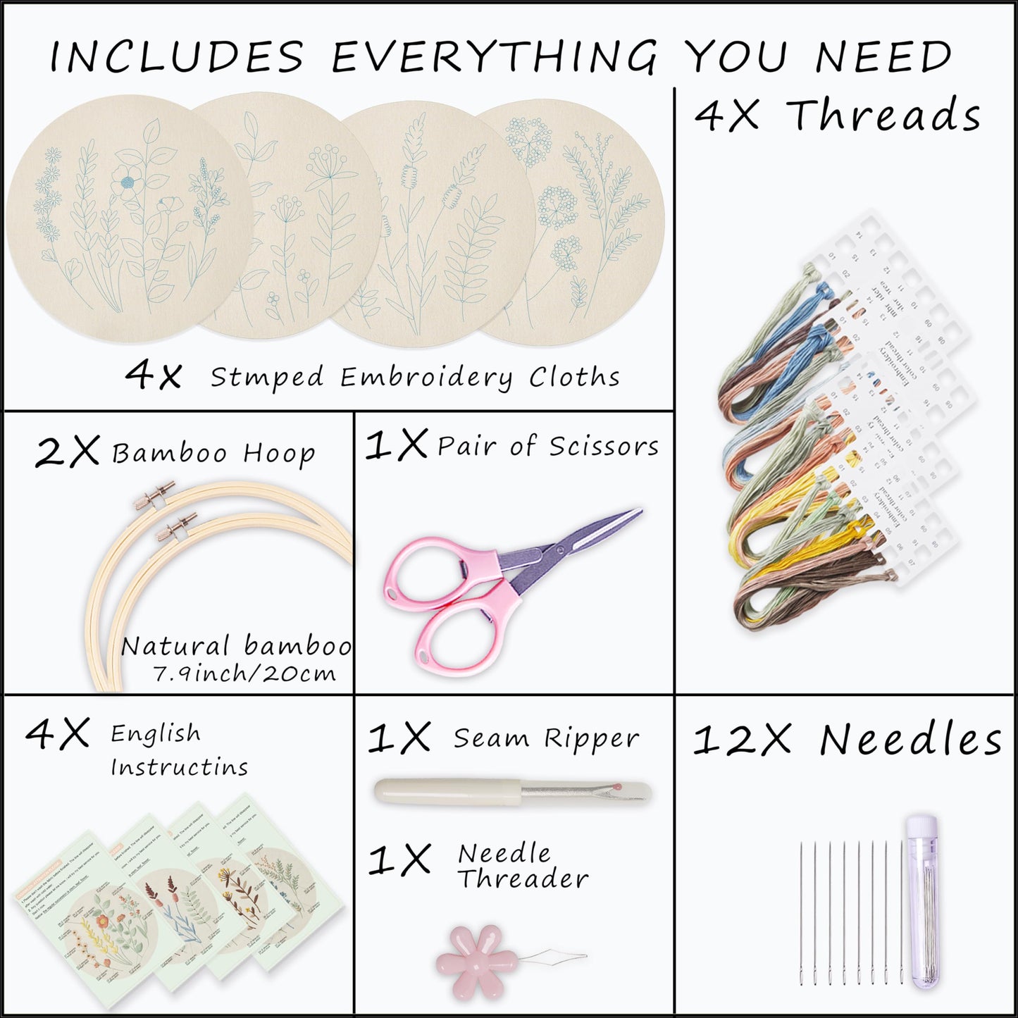 4 Sets Embroidery Kit for Beginners, Art Craft Handy Sewing Include Embroidery Clothes with Pattern, Instructions,Color Threads Needle Kit (Multi 5)