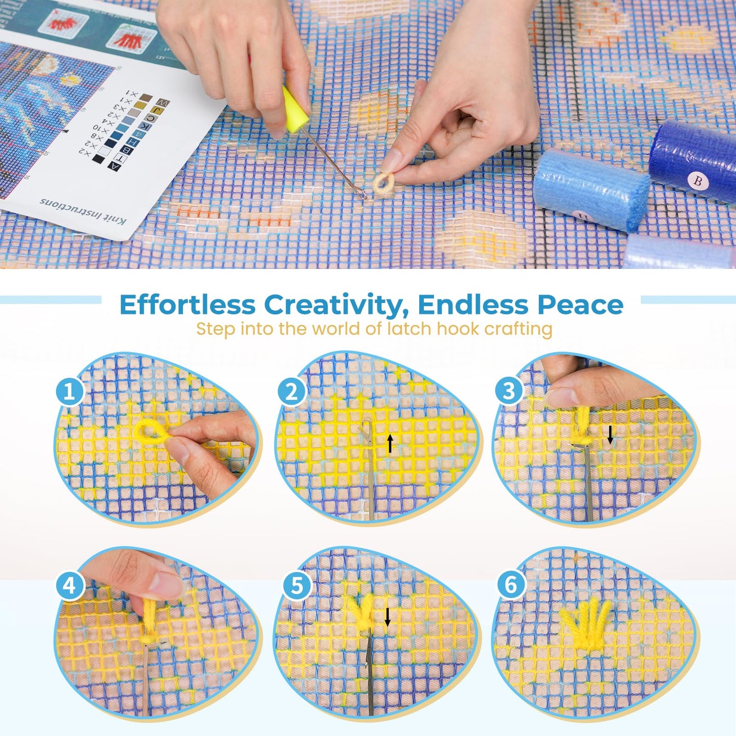 Latch Hook Pillow Kits Starry Sky Patterns Pre-Printed Canvas Pillow Making Set, Beginner Cushion Cover Latch Hook Kit, Creative Craft for Family Fun Home Decor