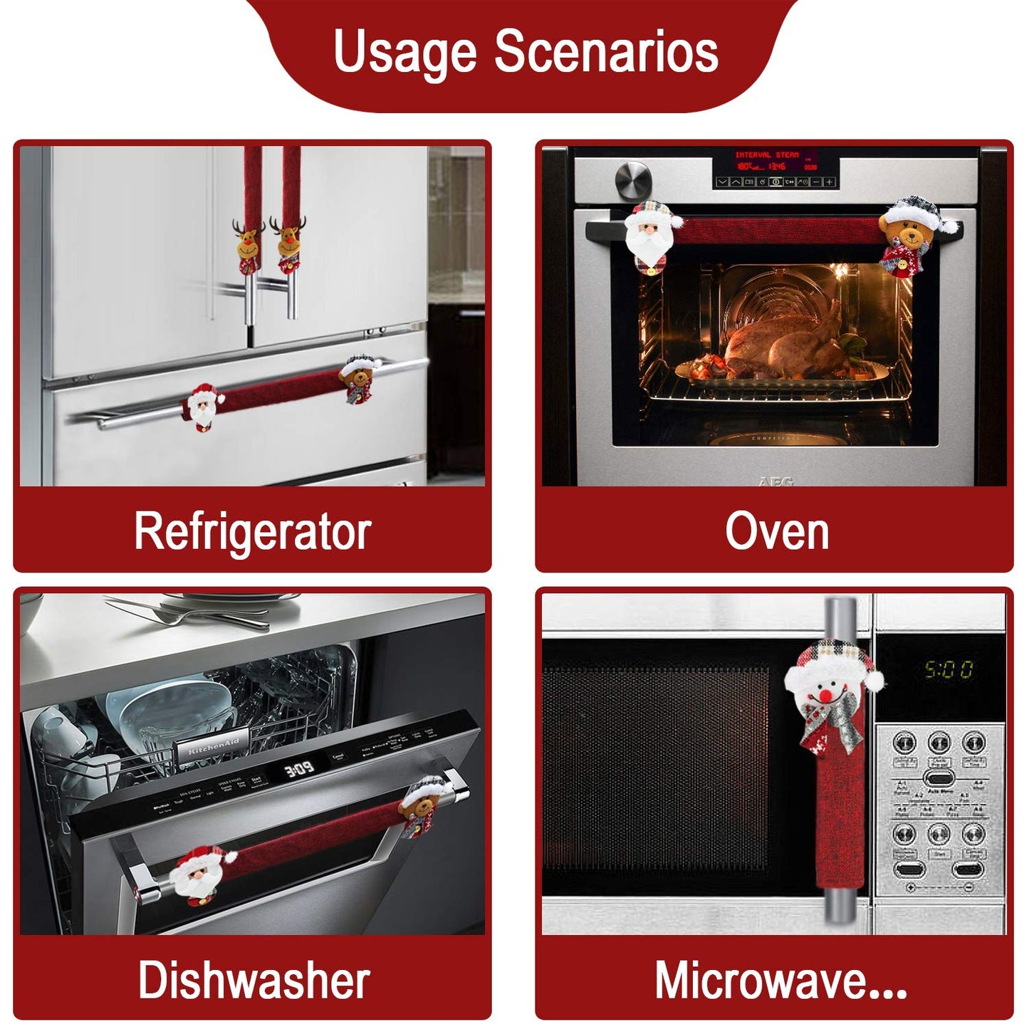 Christmas Fridge Handle Covers - Santa & Snowman Kitchen Decor, Set of 6