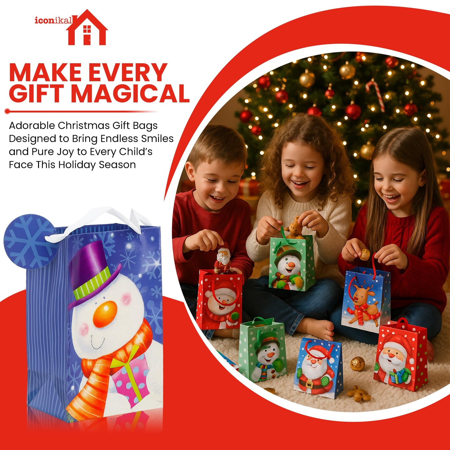 20-Pack Christmas Gift Bags, Small 4x6x2.5-Inch, Snowman Santa Reindeer, Ribbon Handles