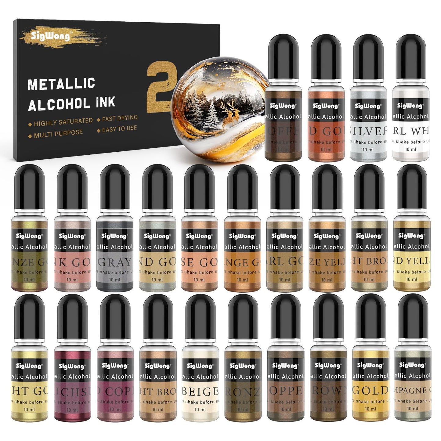 SigWong Metallic Alcohol Ink Set - 24 Colors, 10ml Each, Shimmer Mixatives for Resin, Yupo, Coaster, Painting, Tumbler Cup Making