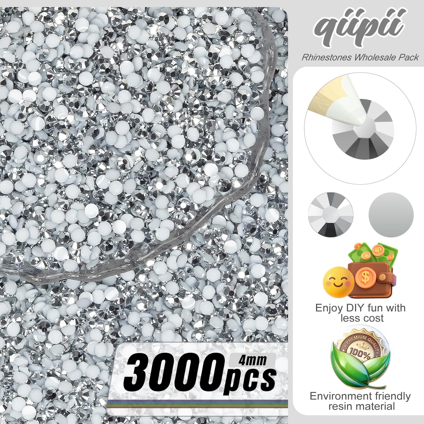 qiipii 3000PCS 4mm Silver Resin Rhinestones for Crafting Flatback Mine Silver Stones Bulk SS16 No-Hotfix Diamonds Crystals Gems Charms for Nails Face Eyes Makeup Body Tumblers Bottles DIY Crafts Shoes