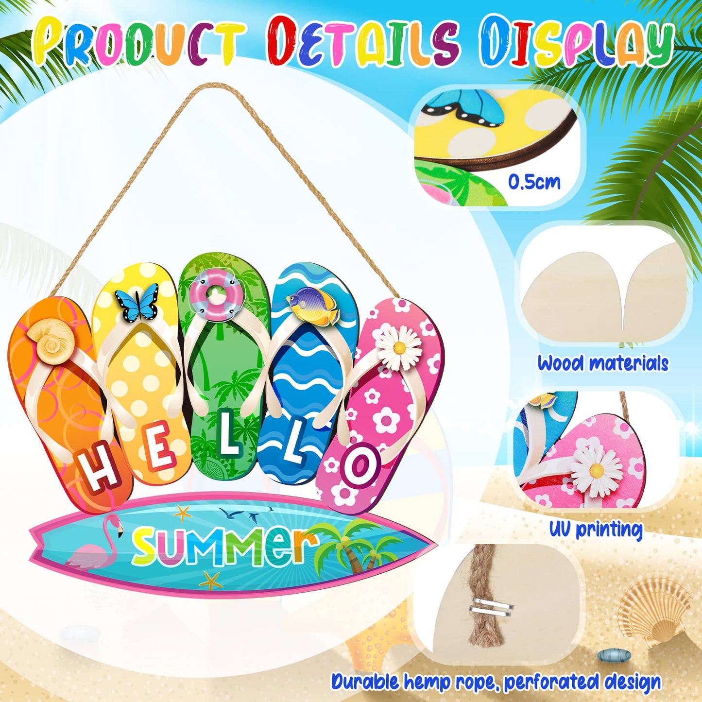 Jetec Summer Slippers Hanging Sign Shape Welcome Hello Flip Flop Wooden Door Sign Hanging Plaque Rustic Wall Sign Yard Indoor Outdoor Garden Decoration with Rope (Hello Summer)