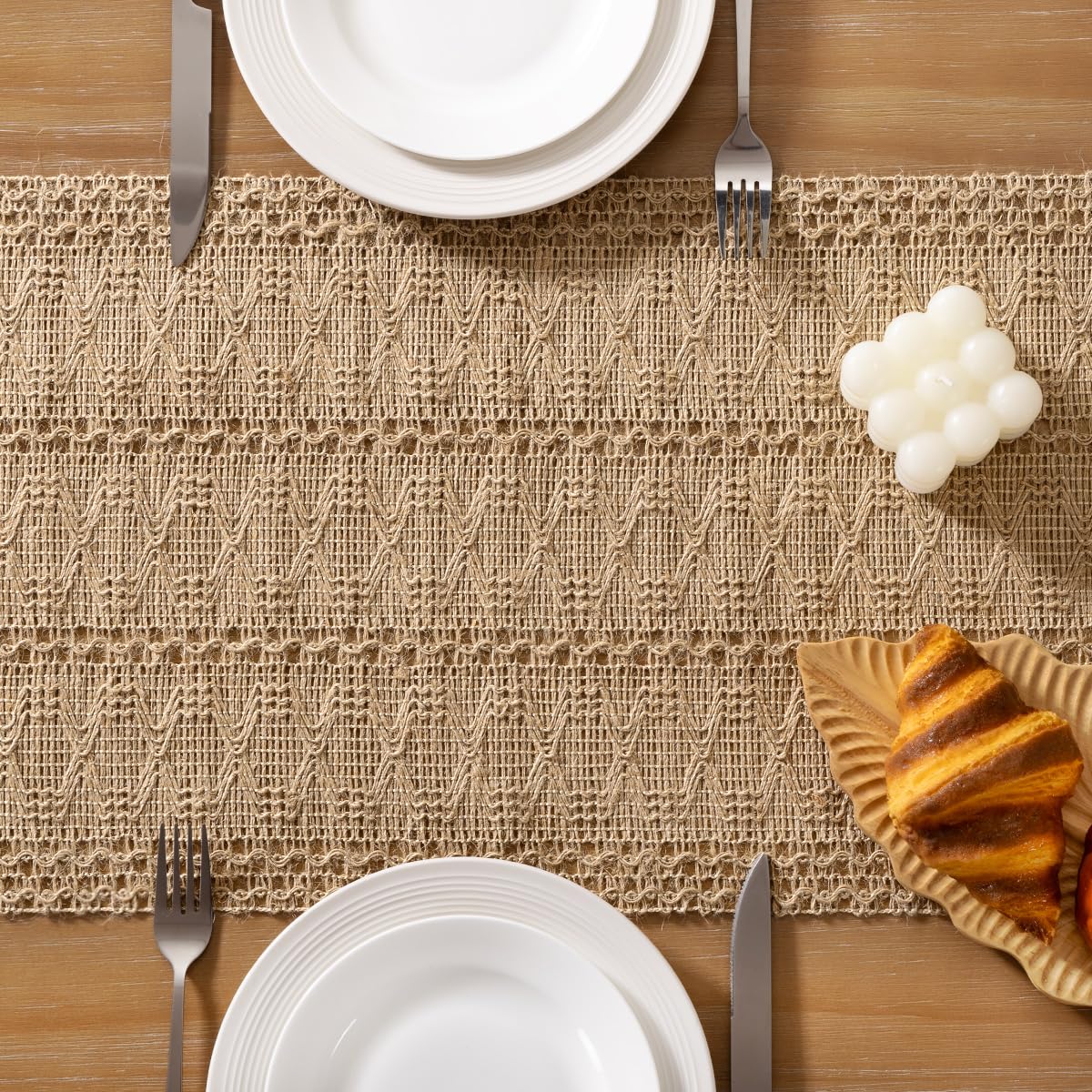 Boho Table Runner Fall Thanksgiving Farmhouse Burlap Jute Bamboo Rustic Dining Kitchen Centerpiece Decor Small Macrame Woven Coffee Table Runner for Dresser Scarf Home Decor 12x36 inch