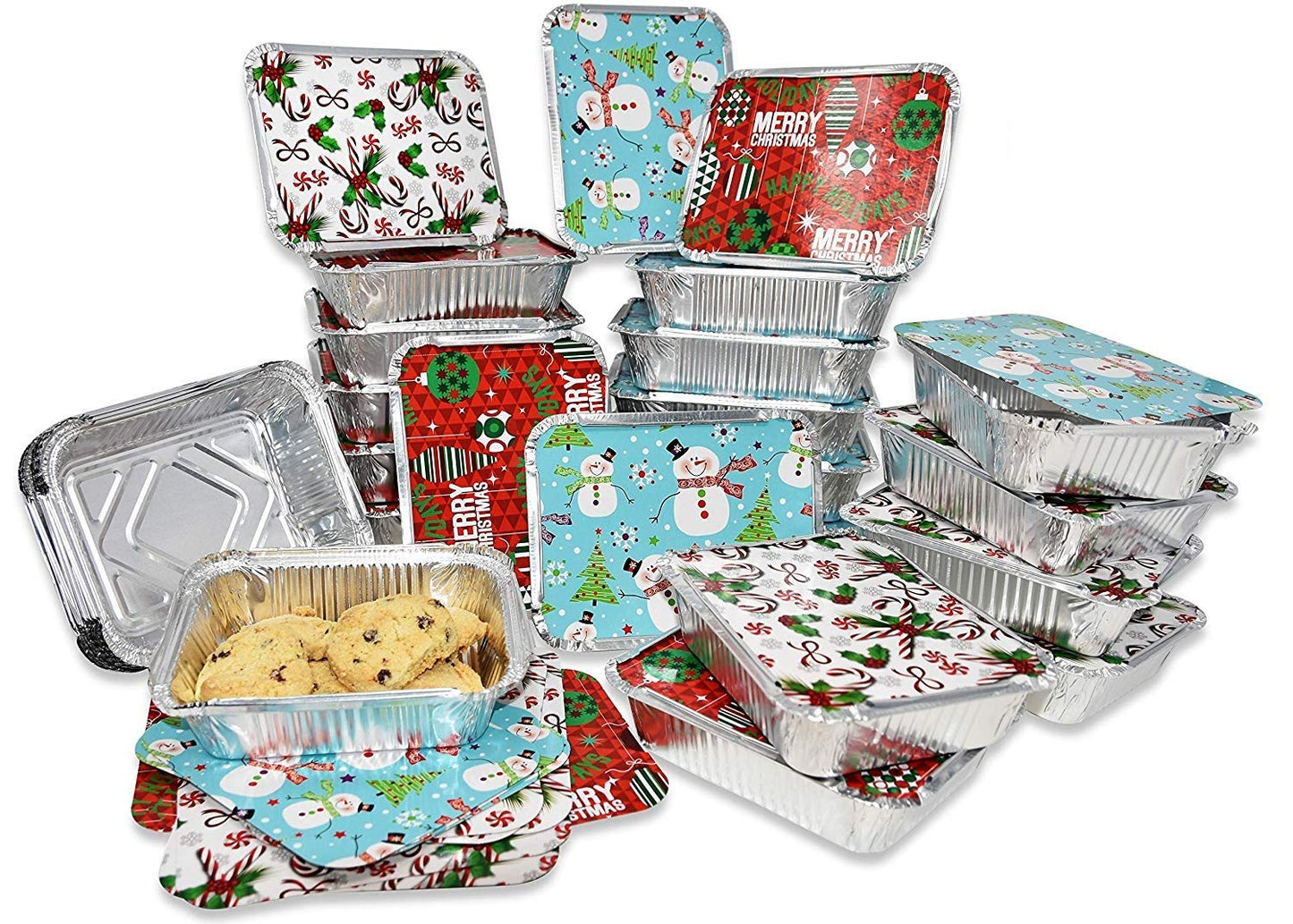 36 Count Christmas Tin Foil Containers with Lid Covers For Cookies in 3 Holiday Designs Aluminum Disposable Food Storage Pans For Treat Exchange & Goody Party Leftovers 5"W X 7"L X 1.5"