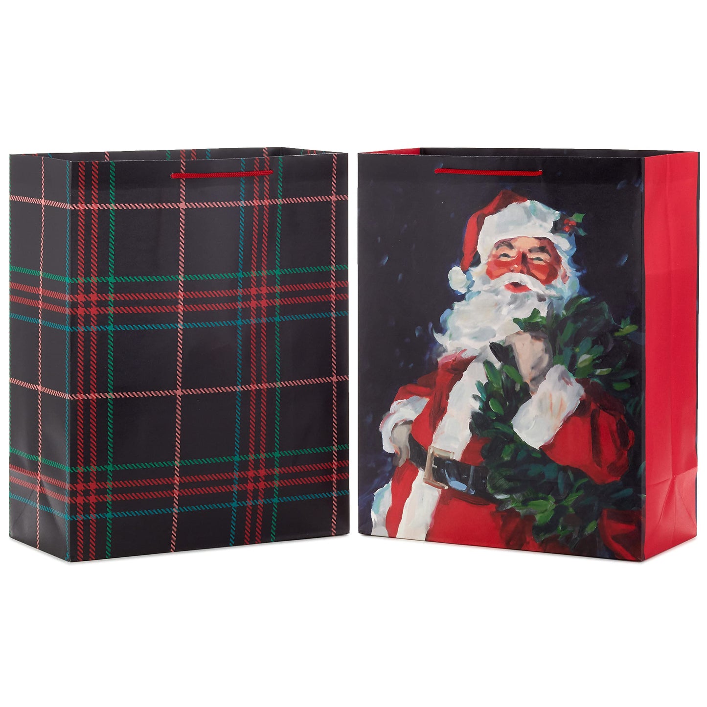 15" Extra Large Christmas Gift Bag Set (2 Bags: Classic Santa, Black, Red and Green Plaid) for Friends, Family, Teachers, Coworkers