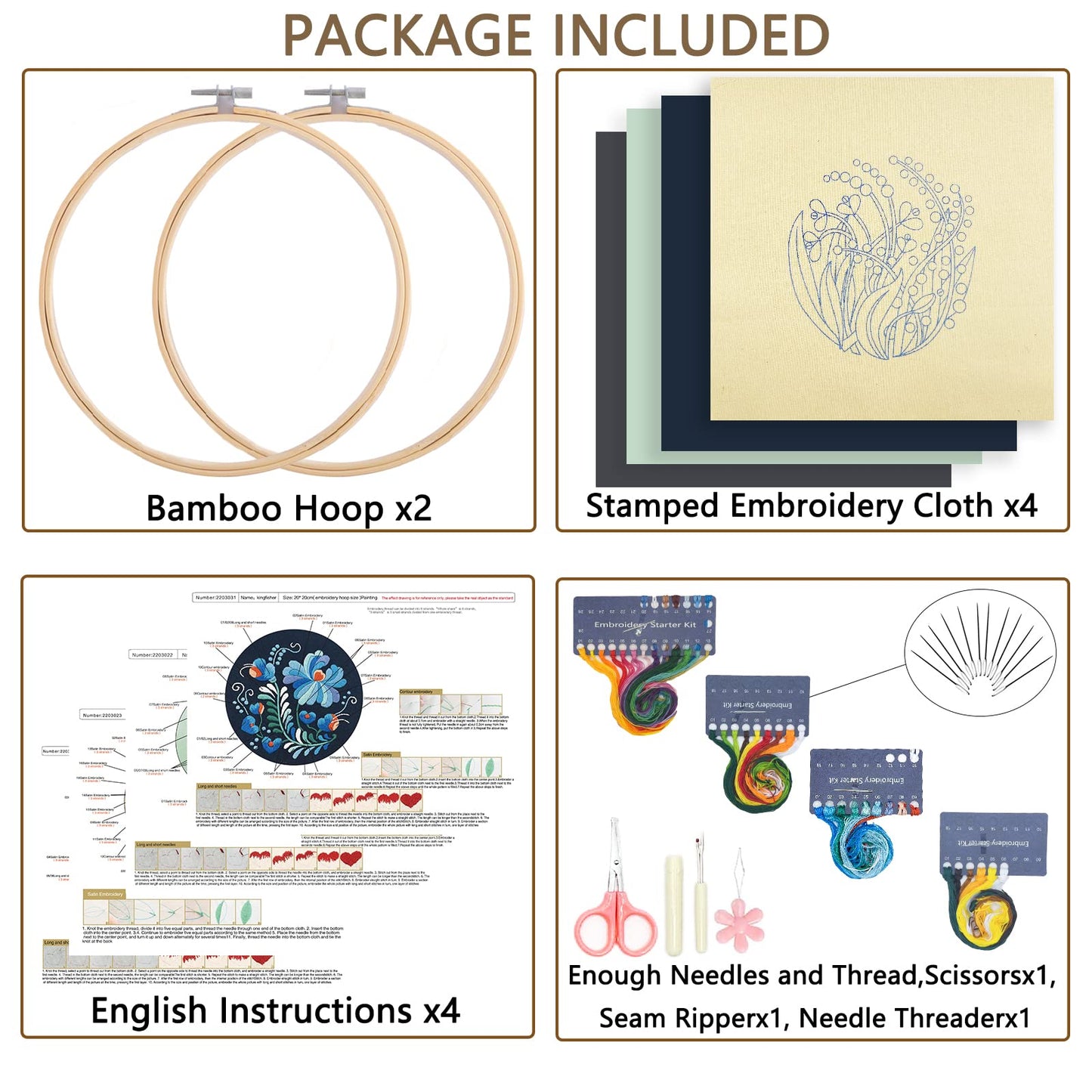 Picoey Modern Flower Heart Embroidery Kit for Beginners with Pattern and Instructions,4 Pack Cross Stitch Kits,2 Wooden Embroidery Hoops,Threads and Needles,Needlepoint Kit for Adults