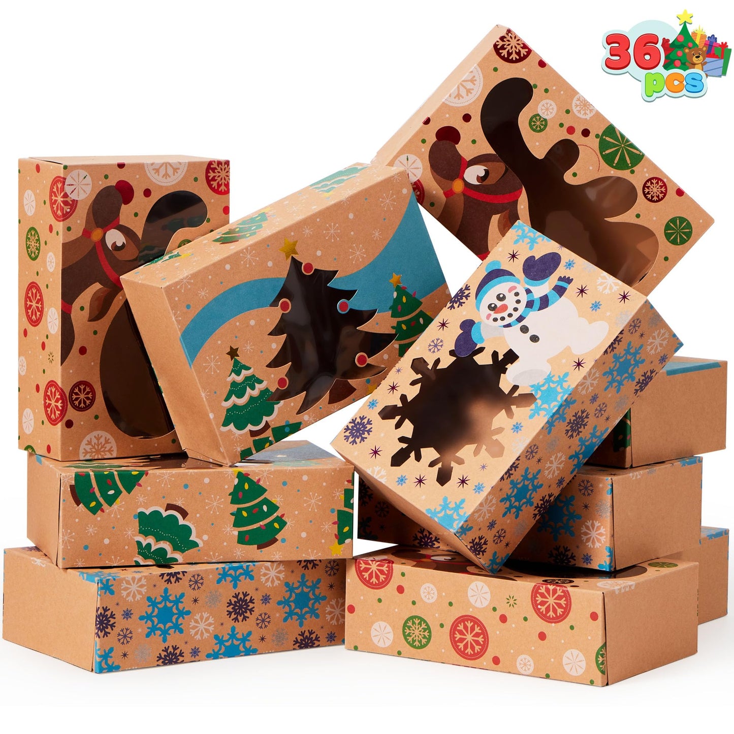 JOYIN 36PCS Christmas Cookie Boxes for Gift Giving, 8.5" x 5.75" x 2.75" Xmas Holiday Treat Cookie Tin with Window, 3 Designs Brown Foiled Kraft Bakery Boxes for Pastries, Cupcakes, Brownies, Doughnut