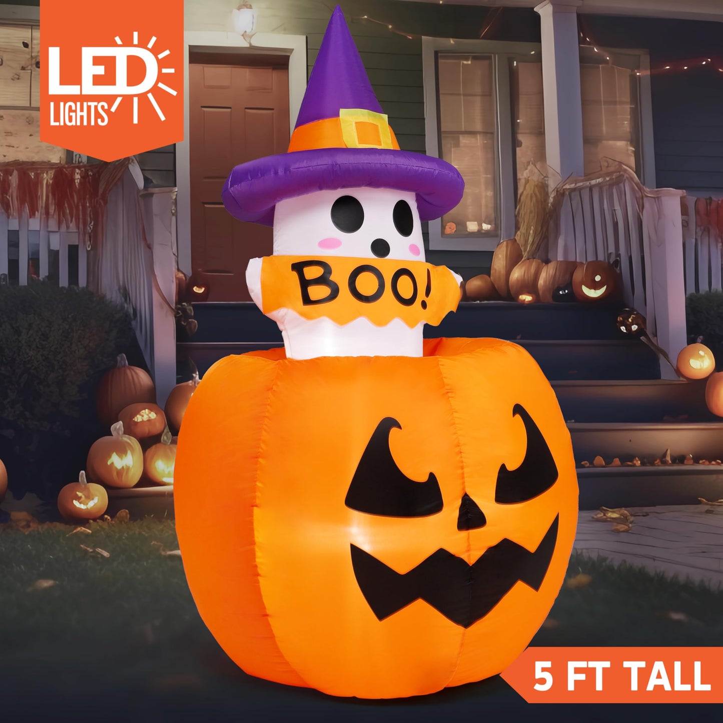 5ft Tall Halloween Animated Inflatables Outdoor Decorations, Inflatable Ghost on Pumpkin with LEDs, Cute Blow Up Pumpkin Ghost Decor for Outside Yard Outdoor Lawn Garden Party Decoration