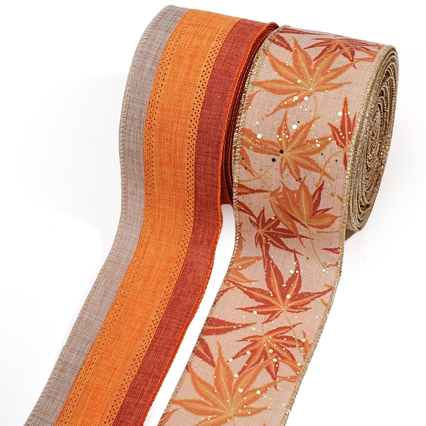 LaRibbons Fall Burlap Ribbon Wired 2 1/2" x 10 Yards 2 Rolls, Maple Leave Striped Ribbon for Autumn Wreath Thanksgiving Farm Gift Wrapping Home Decor