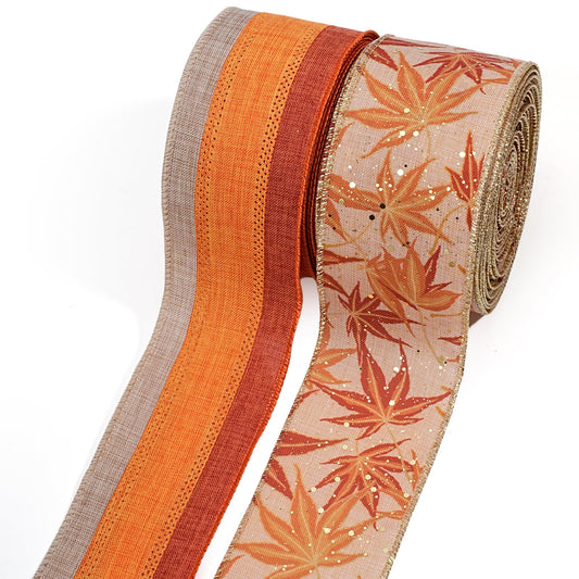 LaRibbons Fall Burlap Ribbon Wired 2 1/2" x 10 Yards 2 Rolls, Maple Leave Striped Ribbon for Autumn Wreath Thanksgiving Farm Gift Wrapping Home Decor
