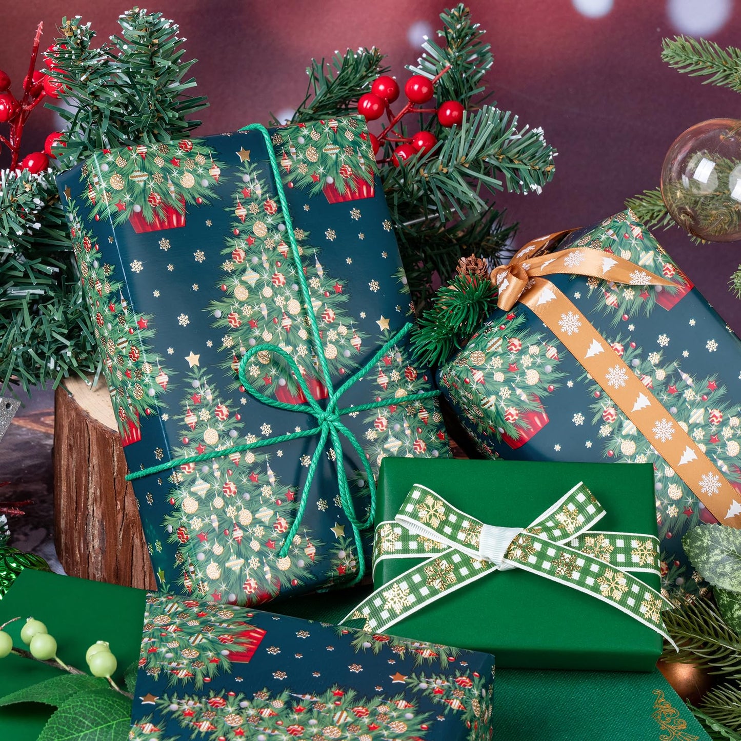 Reversible Green Christmas Wrapping Paper - Mini Roll - 17 Inch x 33 Feet - Green Christmas Tree Wrapping Paper for Holiday, Party Celebration