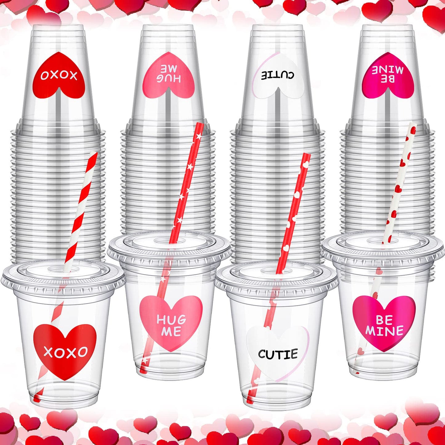 20 Sets Valentine's Day Disposable Cups with Lid and Straws,12 oz Clear Plastic Valentines Cups with Stickers for Iced Coffee Juice Valentine's Day Party Supplies (Classic)
