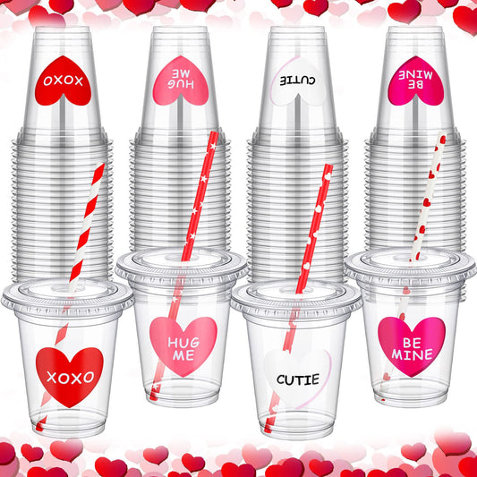 20 Sets Valentine's Day Disposable Cups with Lid and Straws,12 oz Clear Plastic Valentines Cups with Stickers for Iced Coffee Juice Valentine's Day Party Supplies (Classic)
