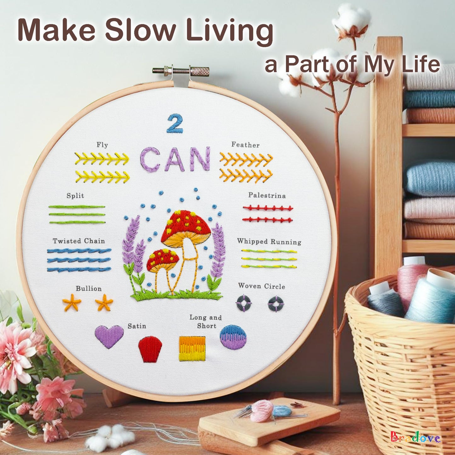 Bradove Embroidery Kit for Beginners, Learn to Embroider Top 29 Stitches and Cute Embroidery Patterns with Video Tutorial and Instruction Booklet, Beginner Embroidery Kit for Adults Kids, Stitches Kit