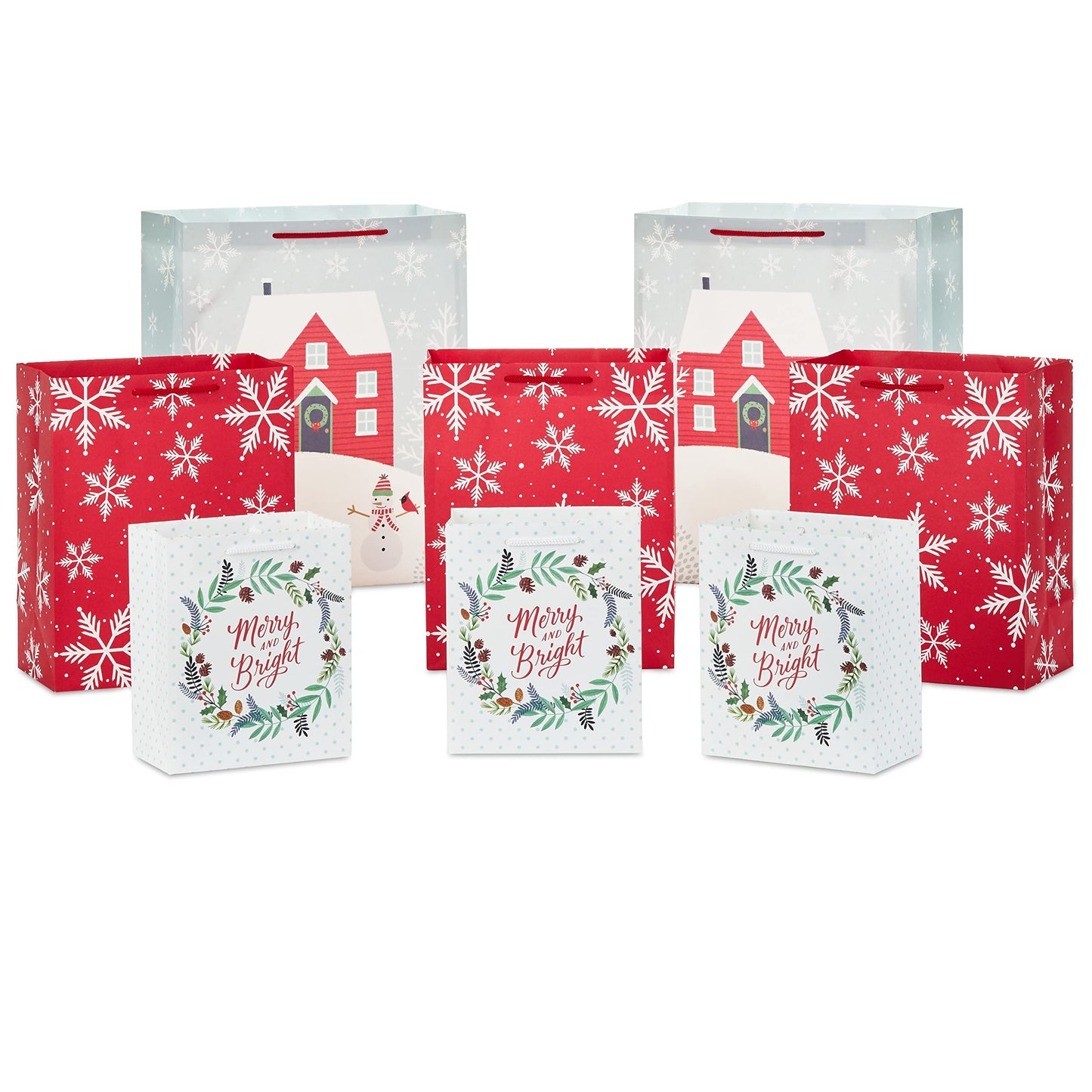 Hallmark Rustic Christmas Gift Bag Assortment (8 Bags: 3 Small 6", 3 Medium 9", 2 Large 13") Gray, White and Red, Farmhouse, Snowman, Snowflakes, Merry and Bright Wreath