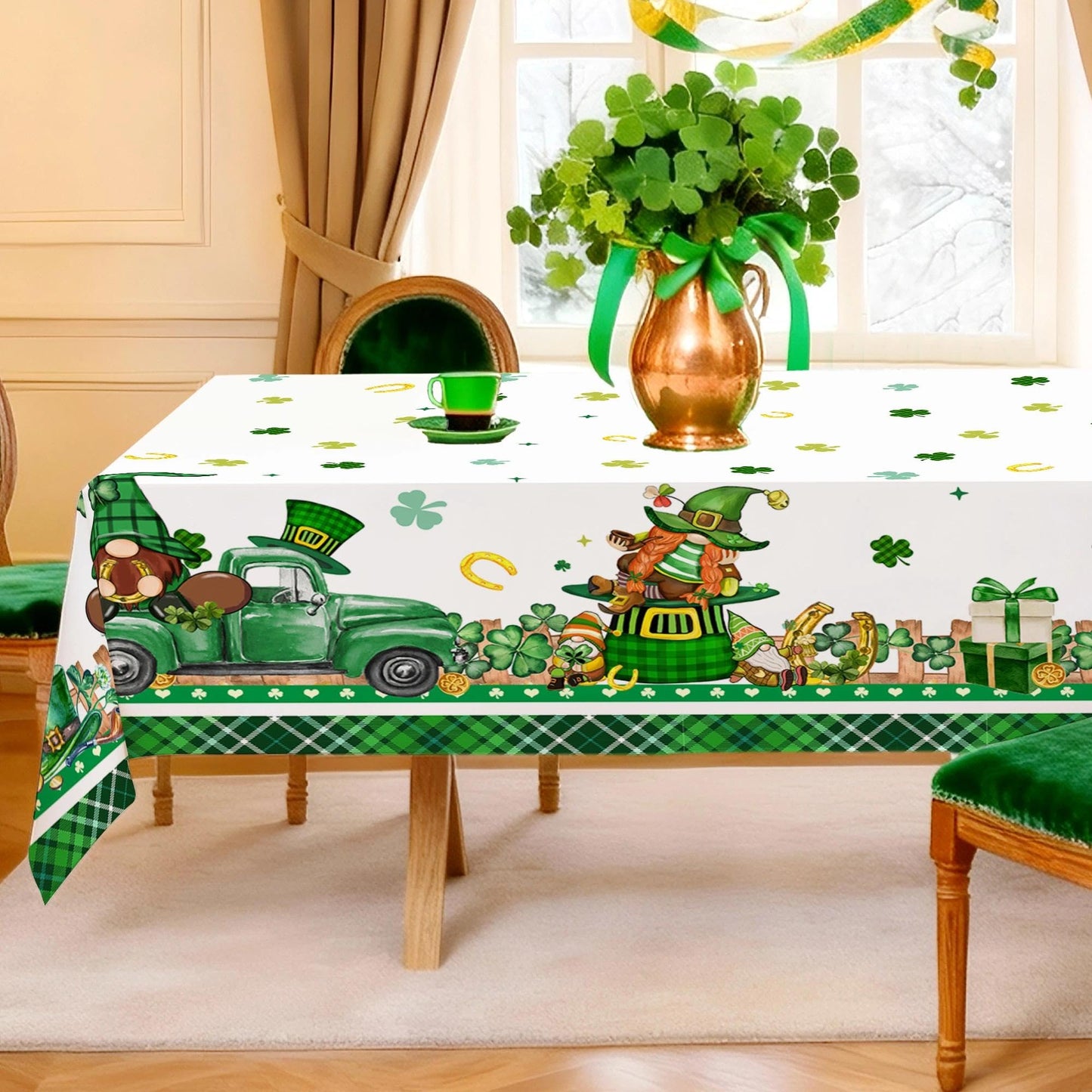 St Patricks Day Tablecloth Rectangle 60 x 84 Inch, Green Shamrocks St Patrick's Table Cloth Gnome Truck Cover for Party Home Dinner Decor