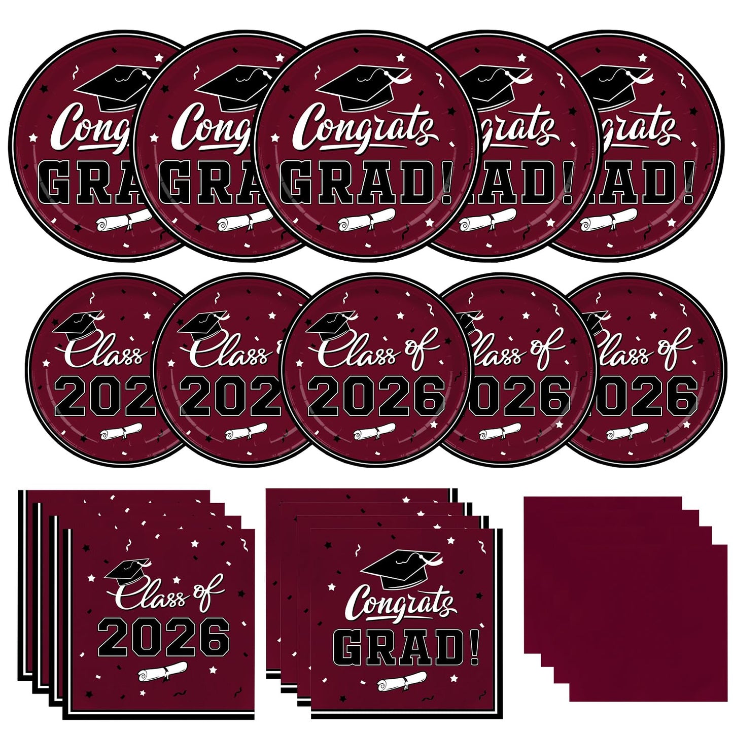 Gatherfun Graduation decorations 2026 Graduation Party Supplies Maroon Disposable Paper Plates Luncheon Napkins Cocktail Napkins for Congrats Grad Party Decorations, Serve 50