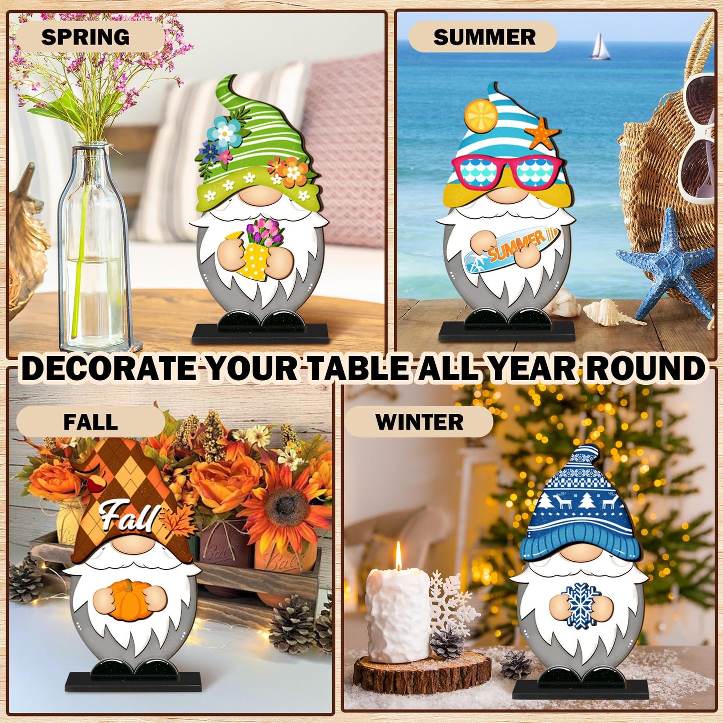 34 Pcs Christmas Interchangeable Wooden Gnome Decor DIY Holiday Christmas Seasonal Tiered Tray Decoration Gnomes with Magnet Pieces Welcome Sign for Xmas Holiday Decorations (Classic)