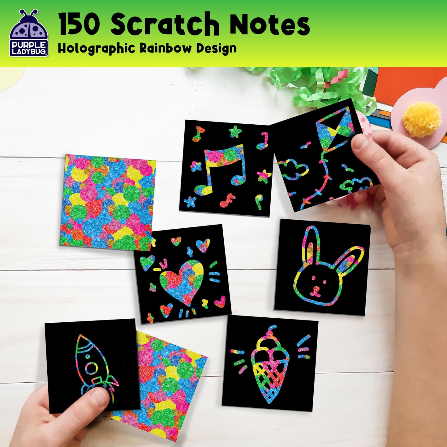 Rainbow Holographic Scratch Art Mini Notes - 150 Sheets with Wooden Stylus, Classroom Must Have, Back to School Gift, School Essentials, Teen Girl Gifts