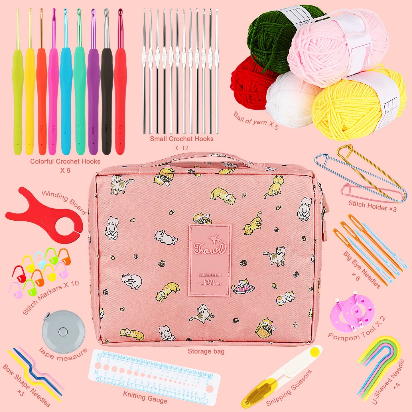 Crochet Kit for Beginners Adults, Crochet Kits Include Yarn, 59pcs Crochet Starter Kit for Beginners Kids,Ergonomic Crochet Hooks 2.0-6.0 mm, Lace Steel Needles 0.6-1.9 mm