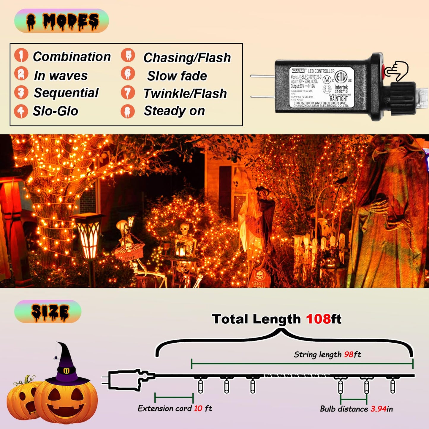 ILLUMINEW 300 Led Orange Outdoor String Lights Waterproof Halloween Decorations, 108 Ft Thanksgiving Decor Lights 8 Modes Plug in Fairy Lights for Bedroom Yard Wedding Room Decor