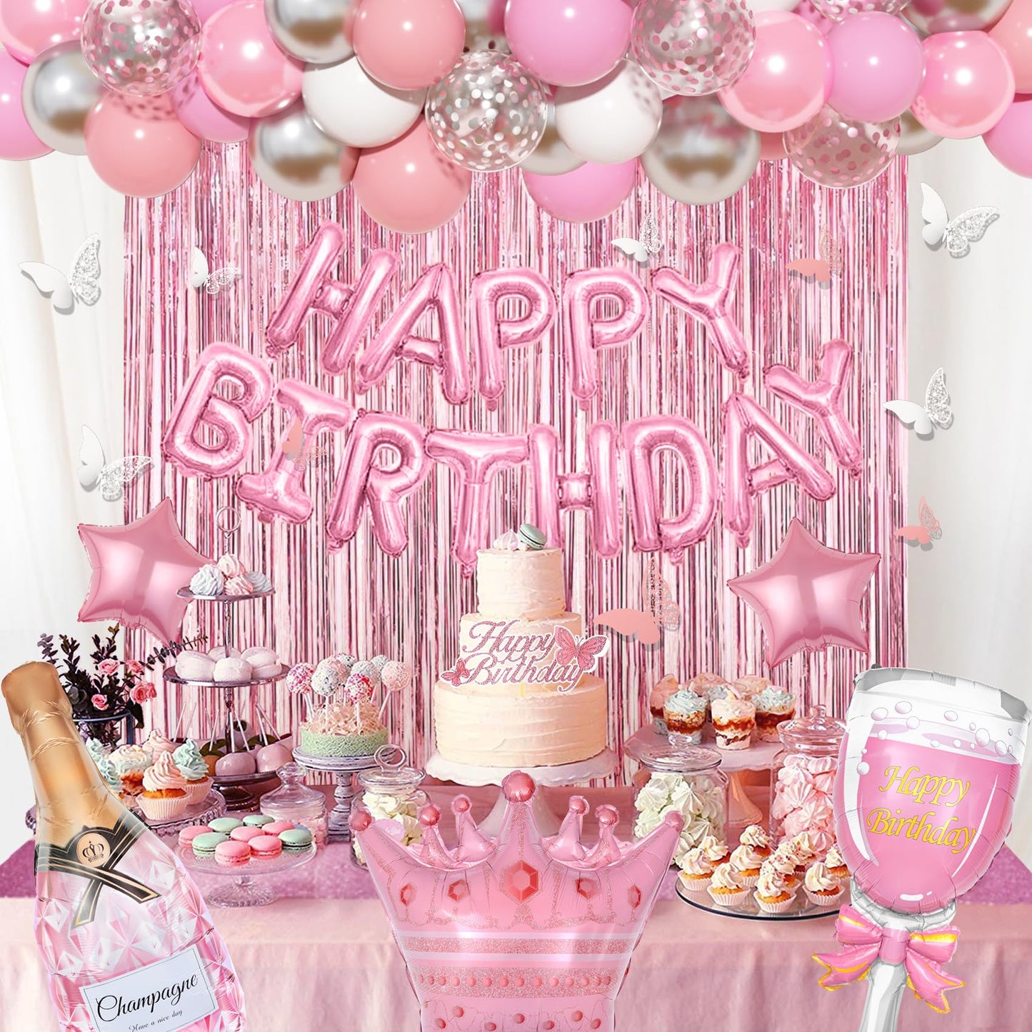 Amandir Pink Birthday Decorations for Women Girls, Silver Pink Confetti Foil Balloons Happy Birthday Banner Butterfly Fringe Curtains Cake Topper for Princess Party Supplies Decor