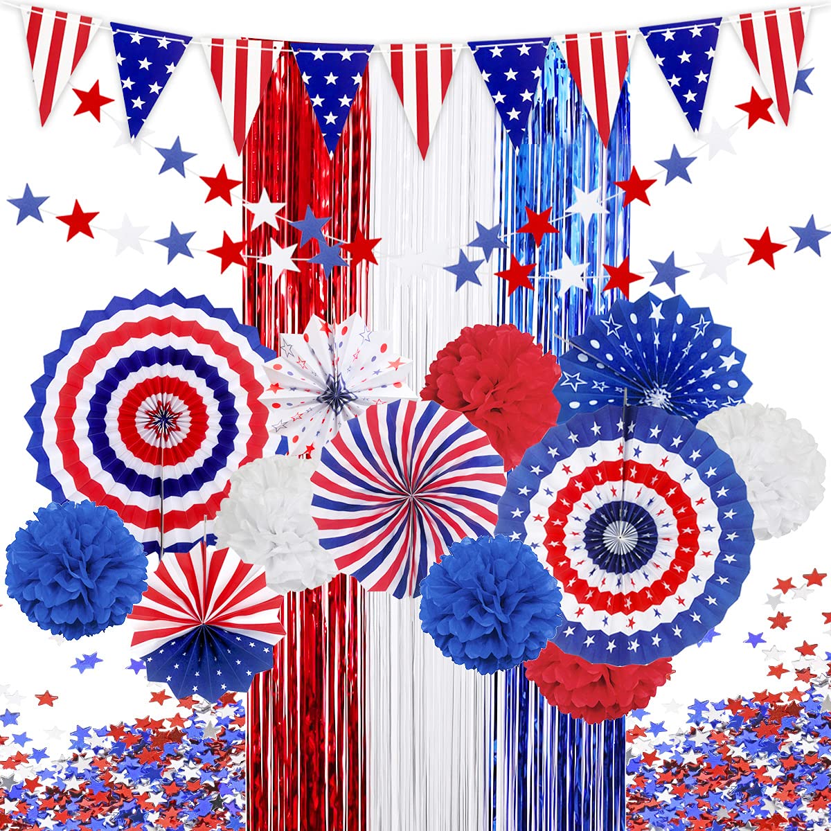 MOVINPE 4th of July Patriotic Party Decorations Set, American Flag Hanging Paper Fans, PomPoms Flowers, Foil Fringe Curtain, Star Streamers, USA Pennant Bunting Independence Day Party Supplies