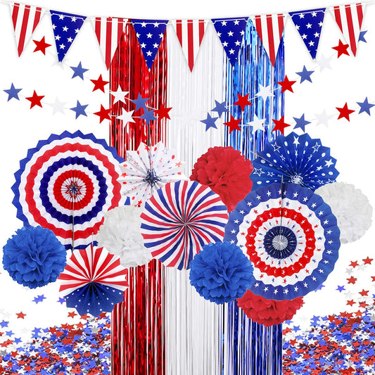 MOVINPE 4th of July Patriotic Party Decorations Set, American Flag Hanging Paper Fans, PomPoms Flowers, Foil Fringe Curtain, Star Streamers, USA Pennant Bunting Independence Day Party Supplies