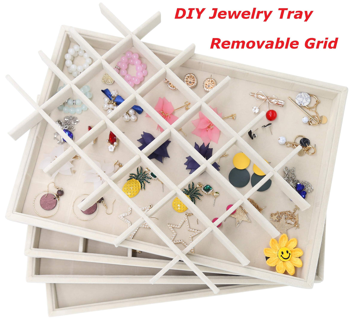 Stratalife Earring Organizer Stackable Jewelry Tray Removable Display Tray Organizer for Jewelry Necklace Earring Drawer Insert 30 Grid Beige