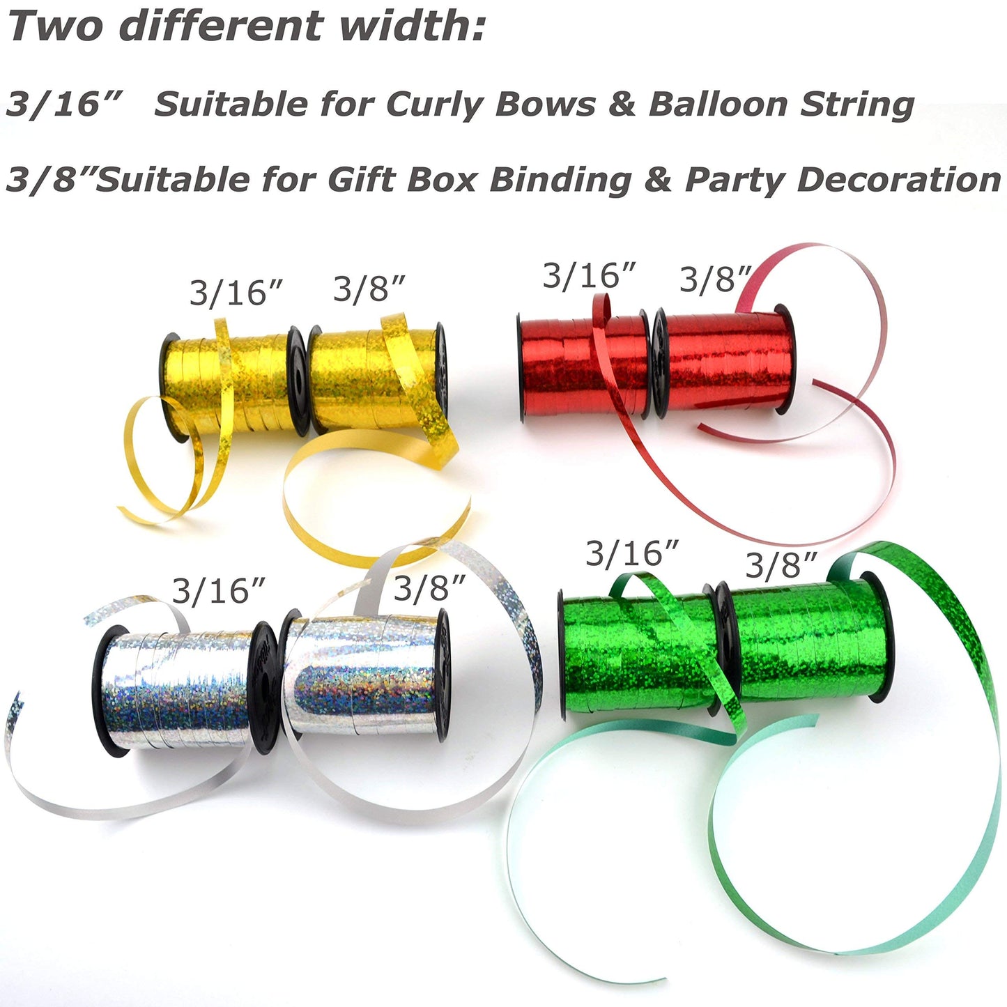 Star 3/16" and 3/8" Holographic Sparkles Curling Ribbon in 12 Colors | 24 Spools in Products Display Quickly | Sparkly Ribbon Great for Gift Wrap and Balloon String