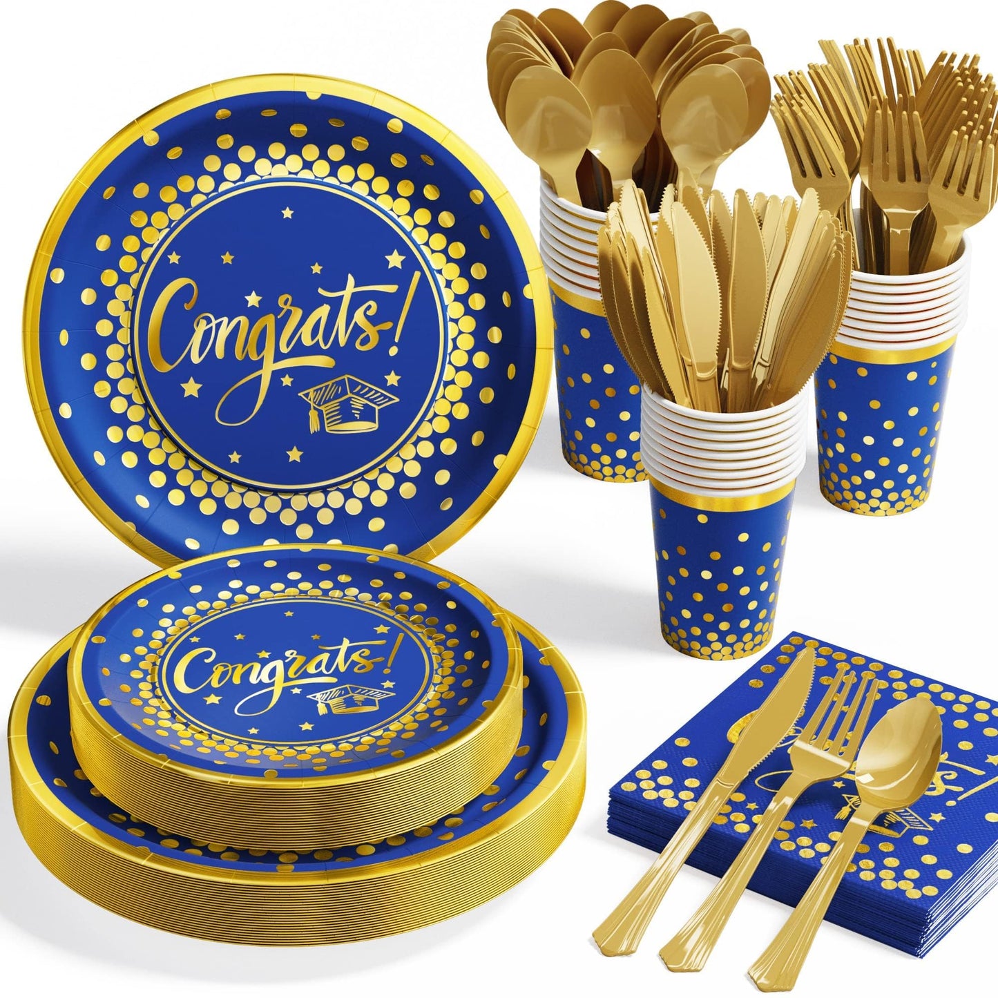 Ecomore Graduation Decorations 2026-175 PCS Blue Gold Disposable Dinnerware Set, Congrats Grad Party Supplies w/Paper Plates Cups Napkins & Plastic Cutlery, Serves 25 for School College Class 2026