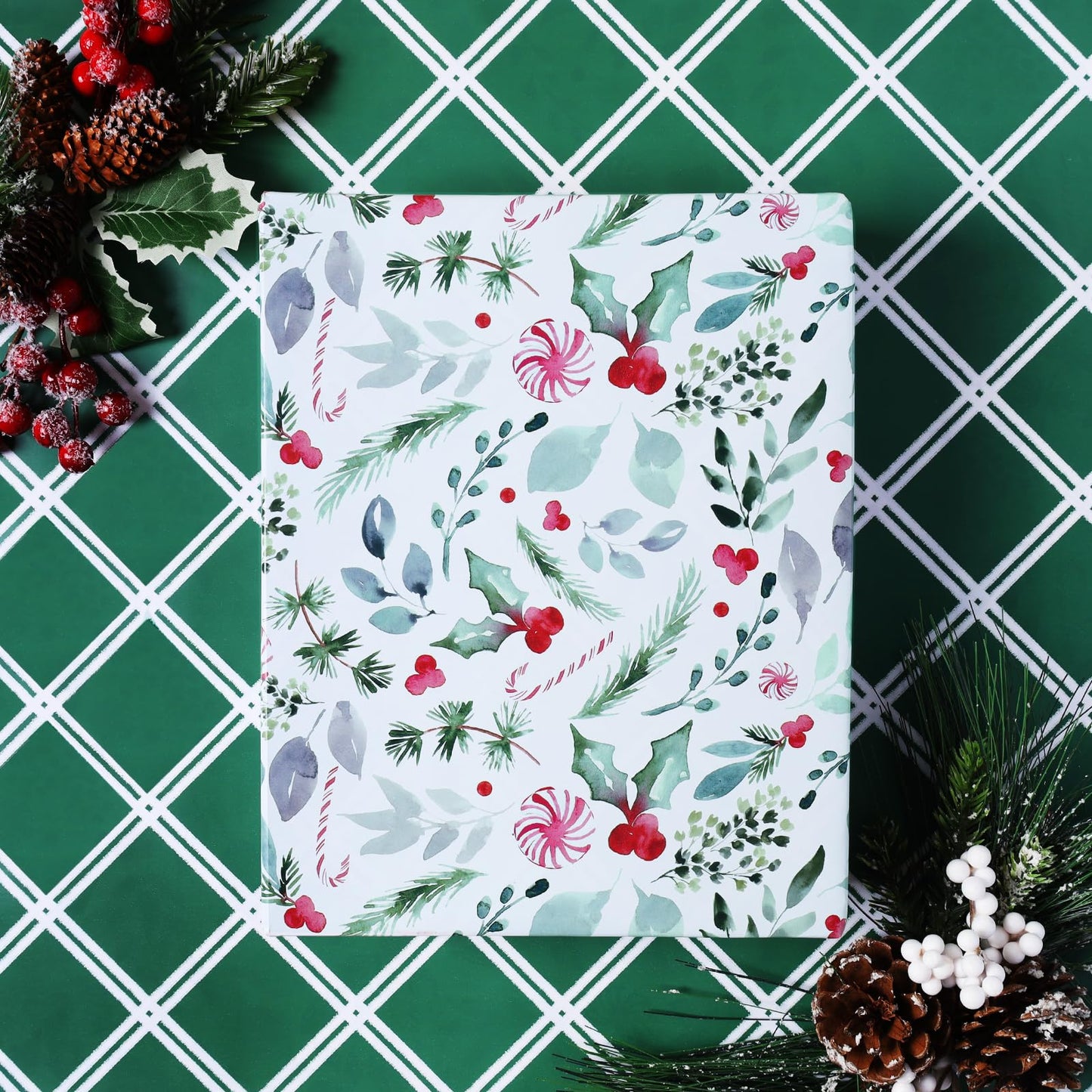 Vintage Christmas Wrapping Paper Roll, Reversible Gift Wrap with Holly Leaves, Red Berries, Candy Cane & Green Plaid Design, Double-Sided Xmas Wrapping Paper for Holiday, Season Party, 17 inch x 33 feet