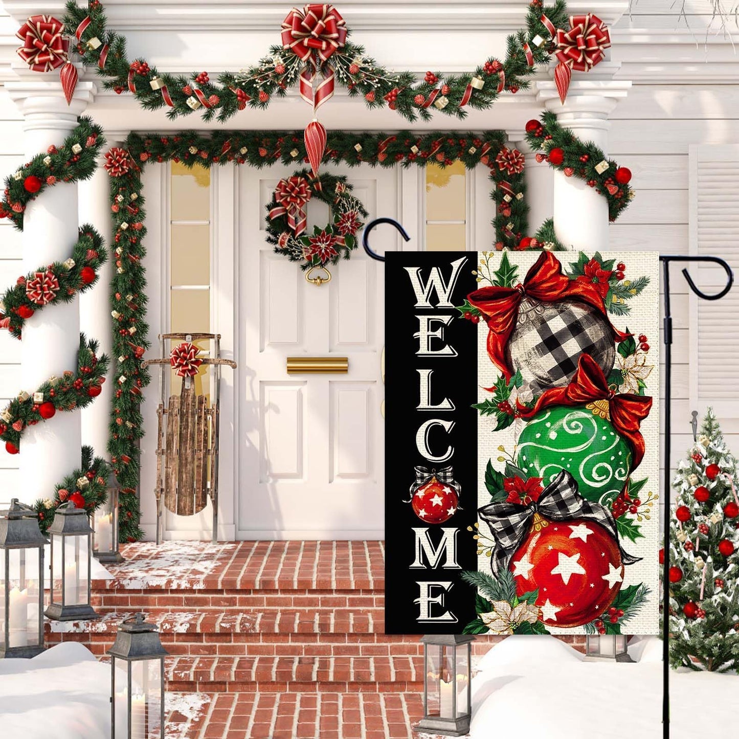 Baccessor Christmas Garden Flag 12.5 x 18 Inch Double Sided Burlap Winter Red Xmas Ball Ornament Small Yard Flag Winter Holiday Seasonal Outdoor Outside Decoration