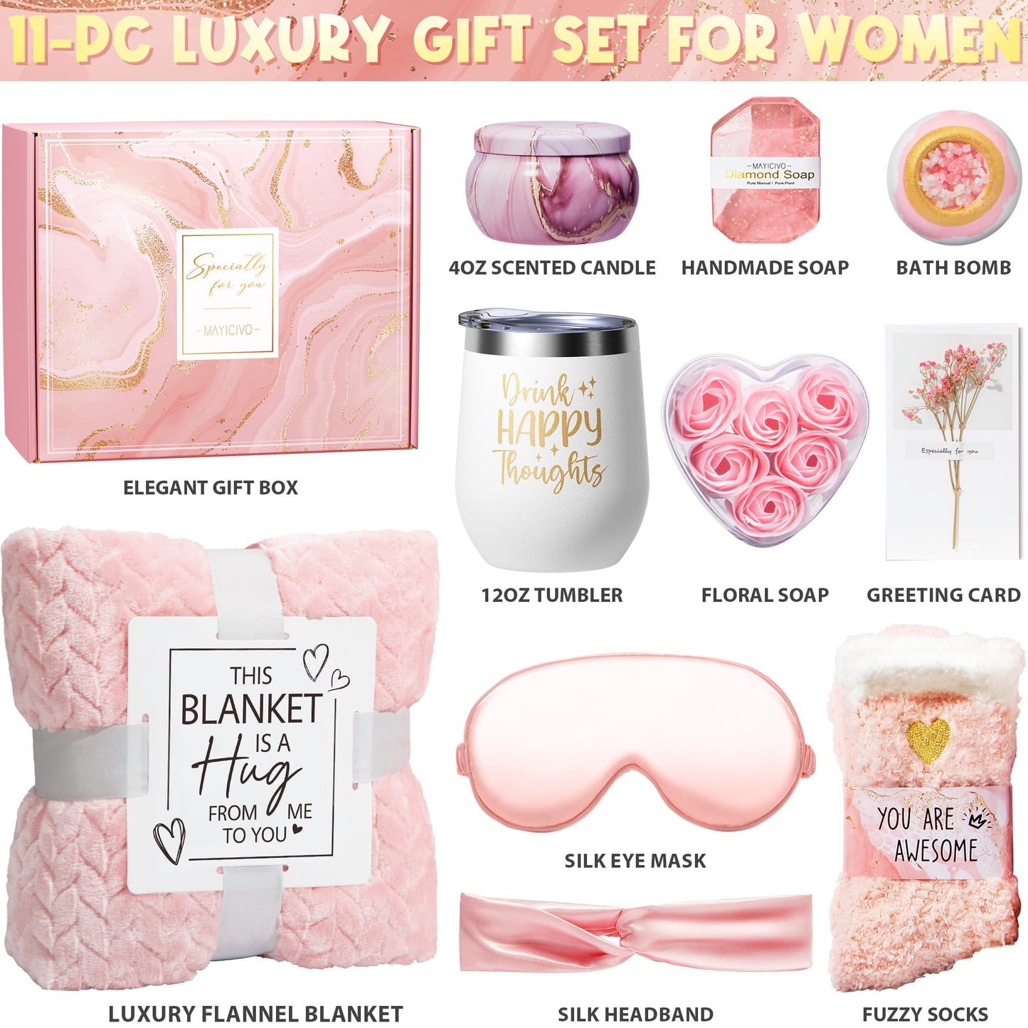 Gifts for Mom, Woman, Wife Self Care Get Well Soon Gift Baskets, Rose Relaxing Spa Gift Basket Care Package w/ Luxury Flannel Blanket, Unique Valentines Day Gifts for Mom Her Friend Sister Wife Grandma