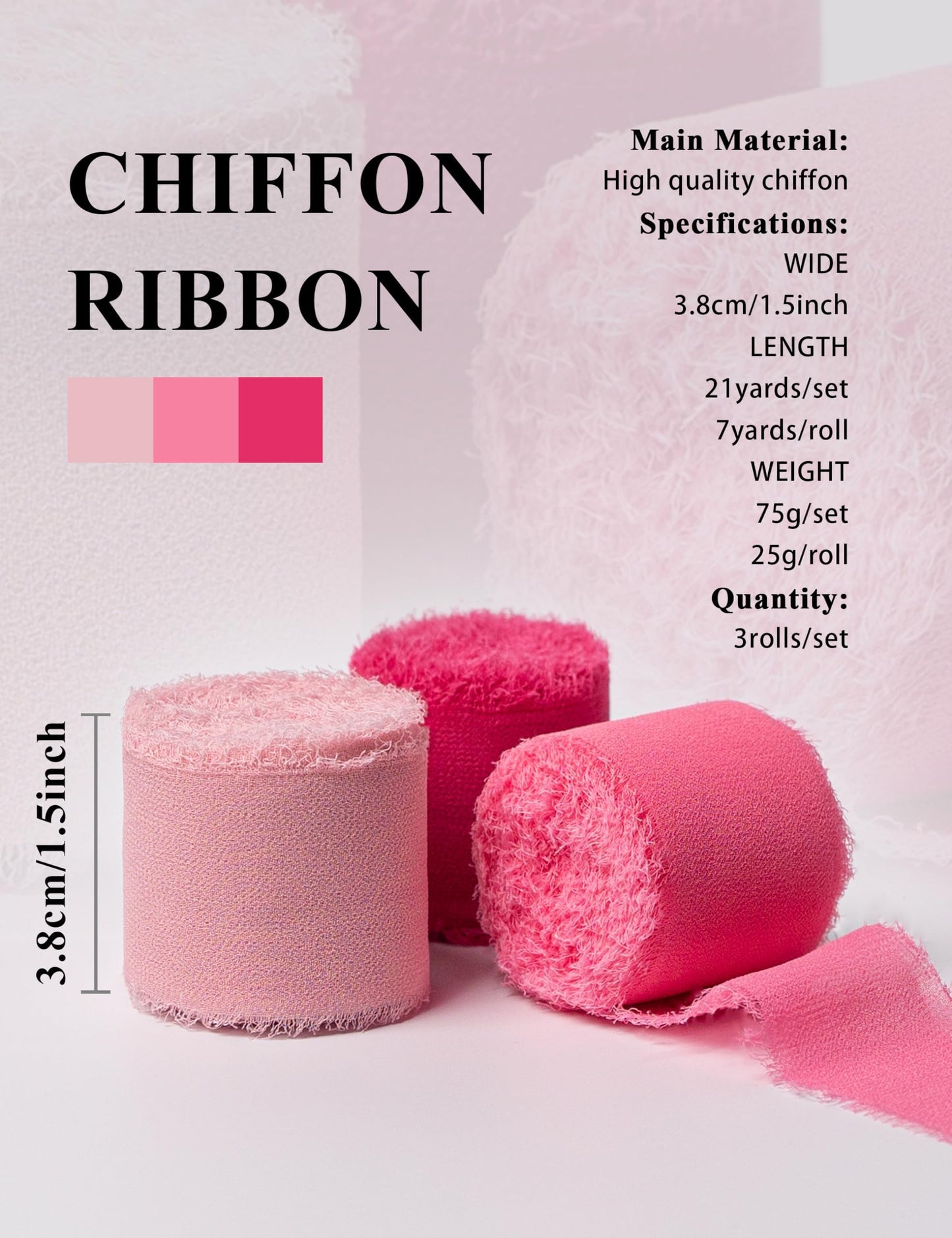 Chiffon Ribbon, Hot Pink Pastel Pink 1.5''x21Yd Frayed Fringe Silk Ribbon for Gift Wrapping, Handmade Ribbons for Floral Vase, Halloween, Wedding, Birthday, Engagement, Bridal Shower, 3 Rolls