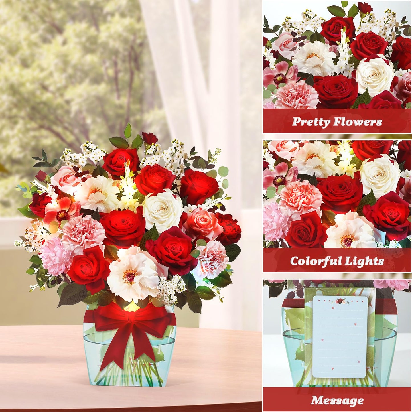 APOTODITO Rose Card with Music and Light, Mothers Day Card with Roses, Flower Bouquet 3D Gift Card, Mothers Day Gifts for Women Mom Wife(Rose)