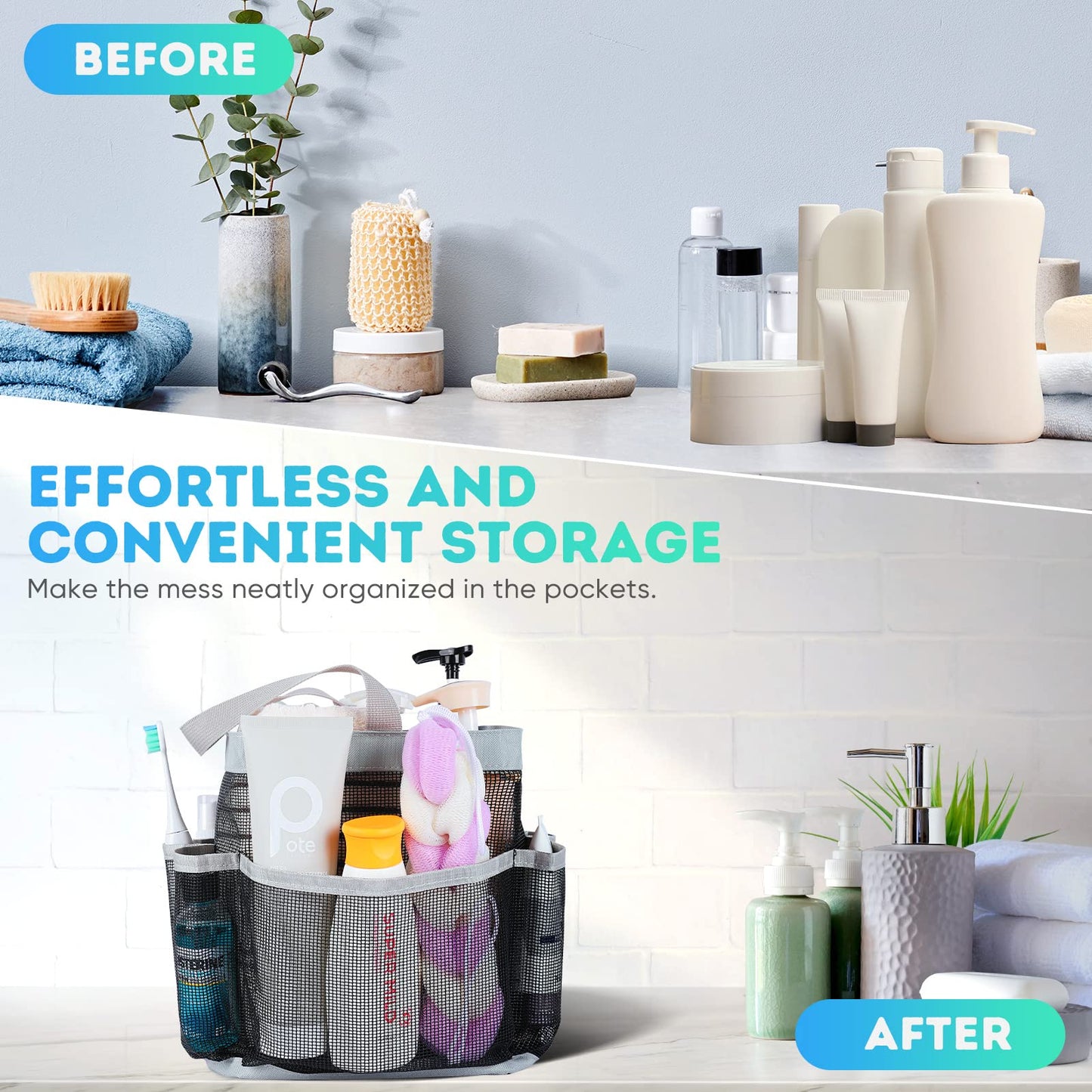 Mesh Shower Caddy Portable for College Dorm Room Essentials with 8-Pocket Large Capacity for Beach,Swimming,Gym-Grey