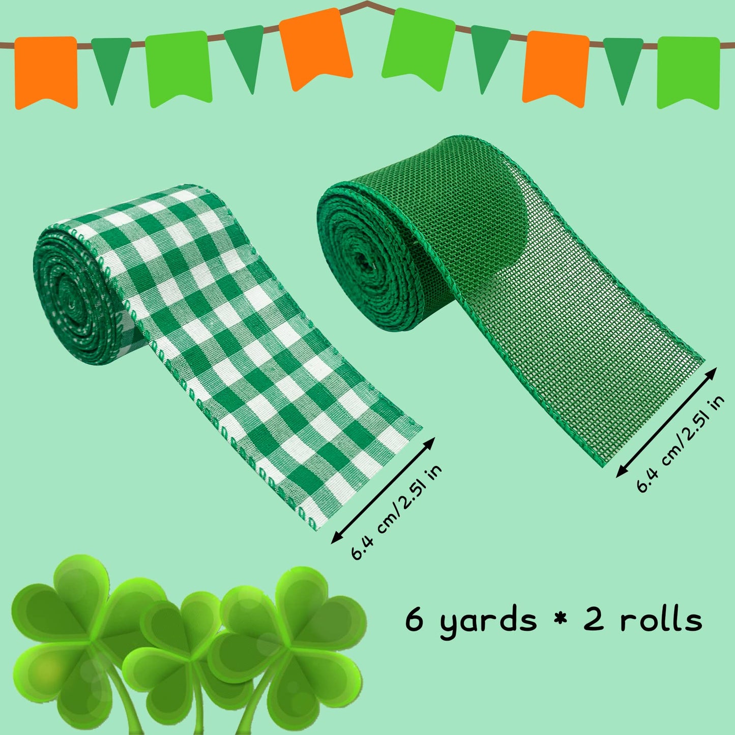 2 Rolls Buffalo Plaid Wired Edge Ribbons 2.5 Inch Wide St Patrick's Day Green Fabric Ribbons Irish Festival Burlap Ribbons for Gift Wrapping Wreath Party Decoration DIY Craft Supplies, 12 Yards